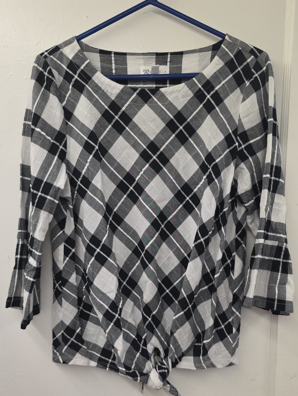 Rafaella 100% Cotton Plaid Tie Front Tunic Top Large Back Button Detail